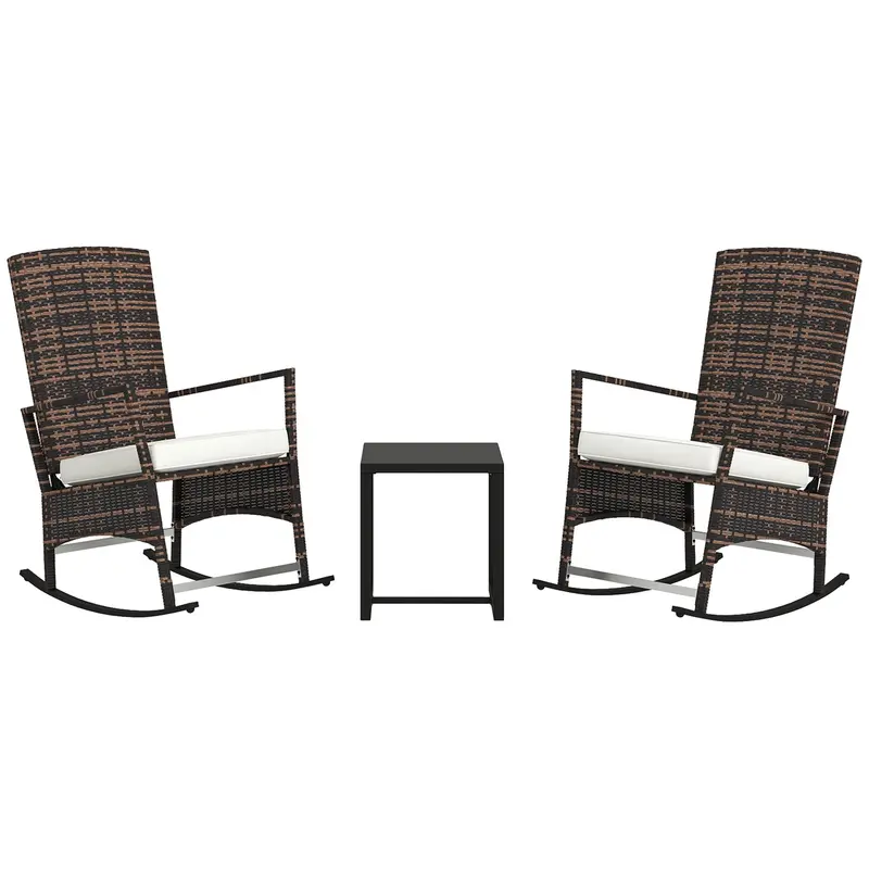 3 Piece Rocking Wicker Bistro Set With 3-Level Reclining High Back & Glass Table, White 1