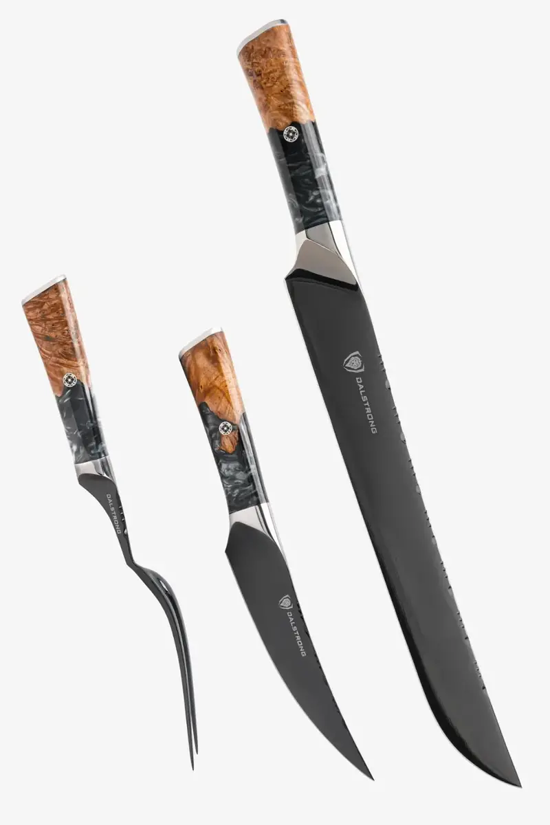 3 Piece Set | Slicing Knife, Fillet Knife & Meat Fork | Valhalla Series | Ravenstone Edition | Dalstrong © 2