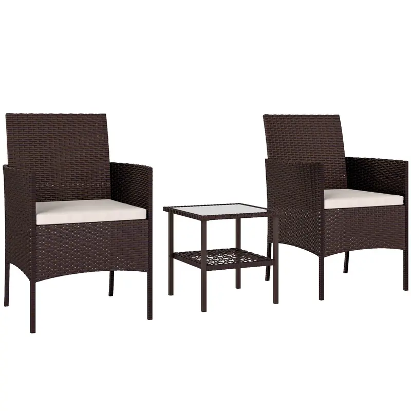 3 Piece Wicker Bistro Set With 2-Tier Glass Top Table, Cushions For Balcony, Porch, Beige 1