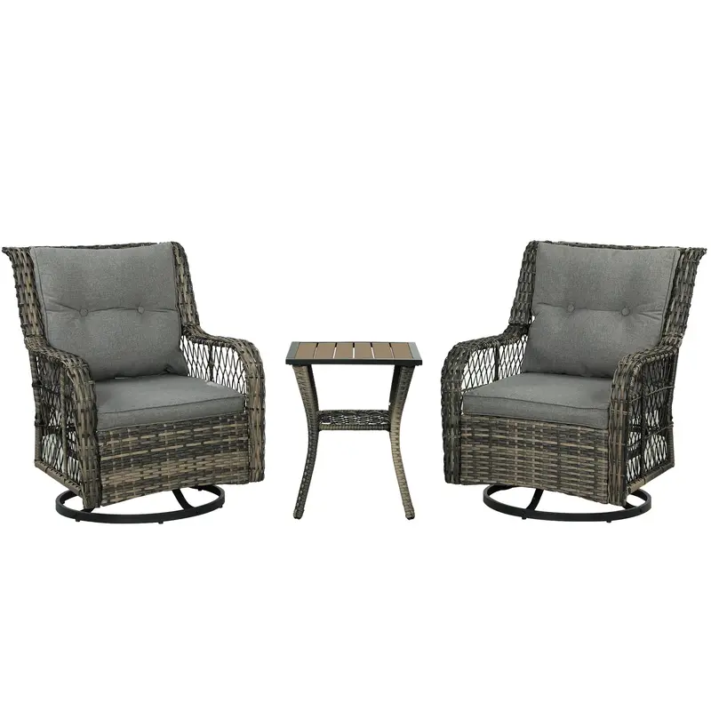 3 Piece Wicker Bistro Set With 2-Tier Glass Top Table, Cushions For Balcony, Porch, Grey 1