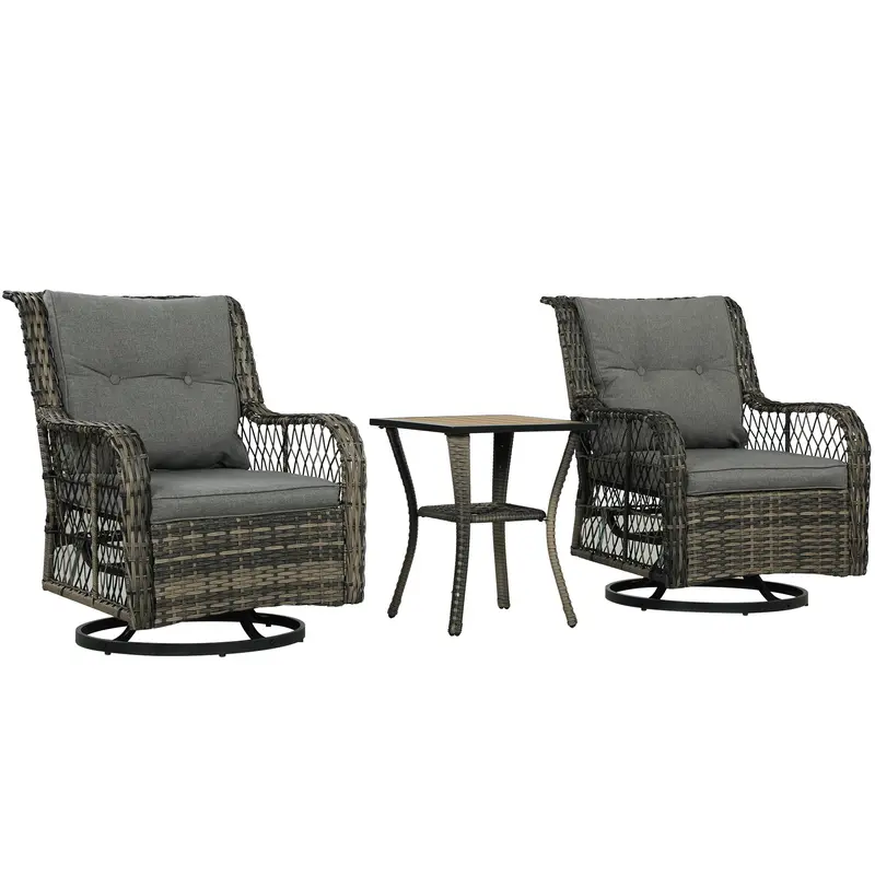 3 Piece Wicker Bistro Set With 2-Tier Glass Top Table, Cushions For Balcony, Porch, Grey 2