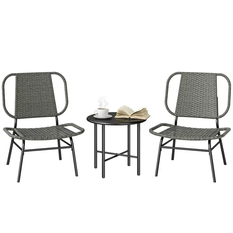 3 Piece Wicker Patio Bistro Set With 2 Armless Chairs And Steel Table, Grey 1