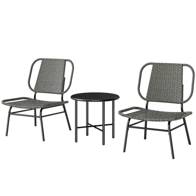 3 Piece Wicker Patio Bistro Set With 2 Armless Chairs And Steel Table, Grey 2