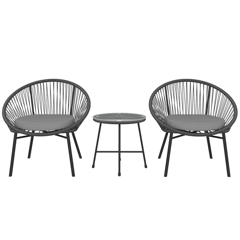 3 Piece Wicker Patio Furniture Set W/ Soft Seat Cushions, Tempered Glass Tabletop, Black 1