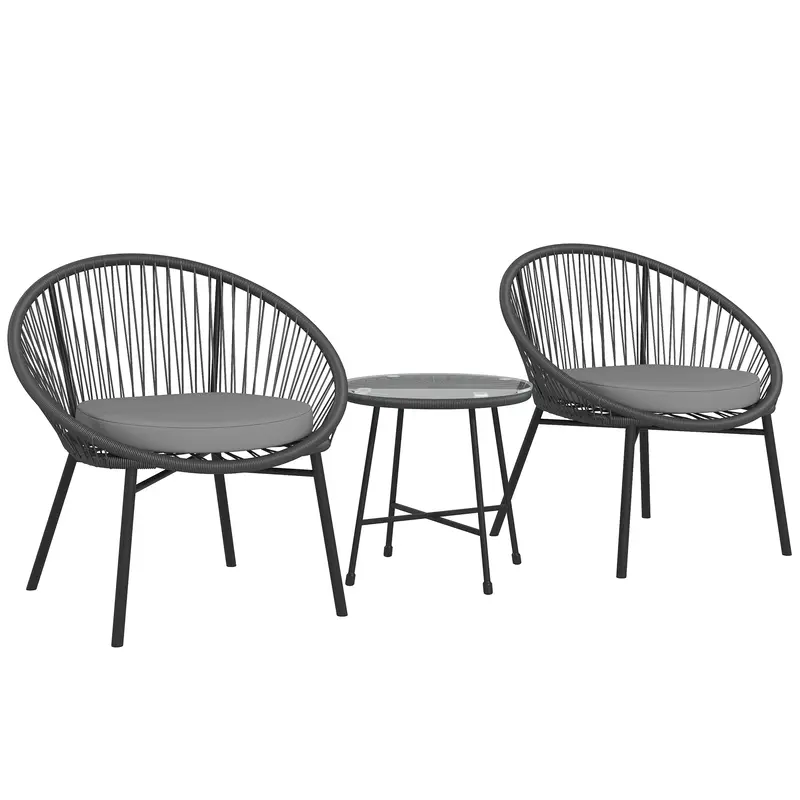 3 Piece Wicker Patio Furniture Set W/ Soft Seat Cushions, Tempered Glass Tabletop, Black 2
