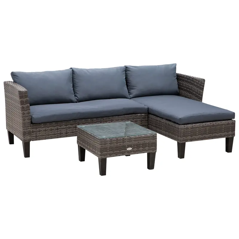 3 Piece Wicker Patio Furniture Set With Glass Tabletop, Cushions & Metal Frame, Grey 1