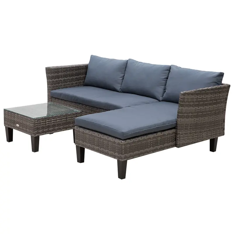 3 Piece Wicker Patio Furniture Set With Glass Tabletop, Cushions & Metal Frame, Grey 2