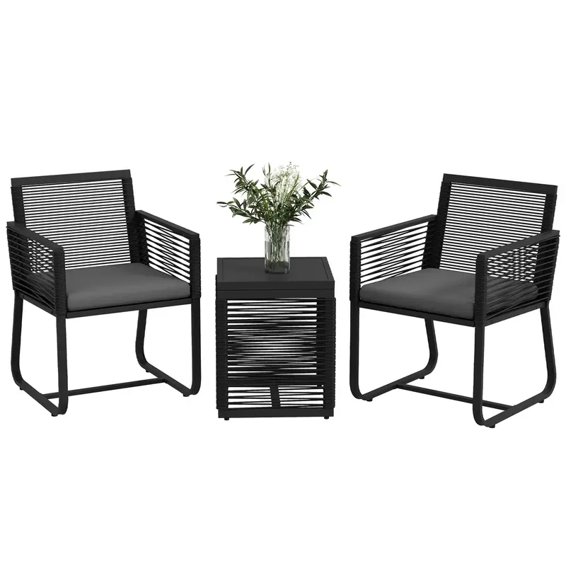 3 Piece Wicker Patio Furniture Set With Glass Top Table And Cushions, Black 1