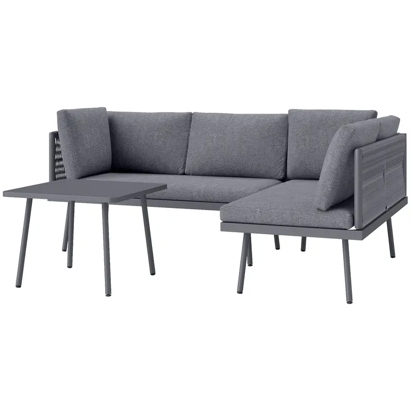 3 Pieces Outdoor Furniture Set, L Shaped Wicker Patio Set With Cushions & Steel Table, Grey 1