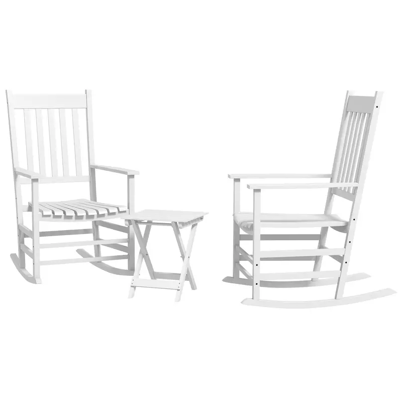 3 Pieces Outdoor Wooden Patio Rocking High Back Chair Set W/ Folding Table, White 1