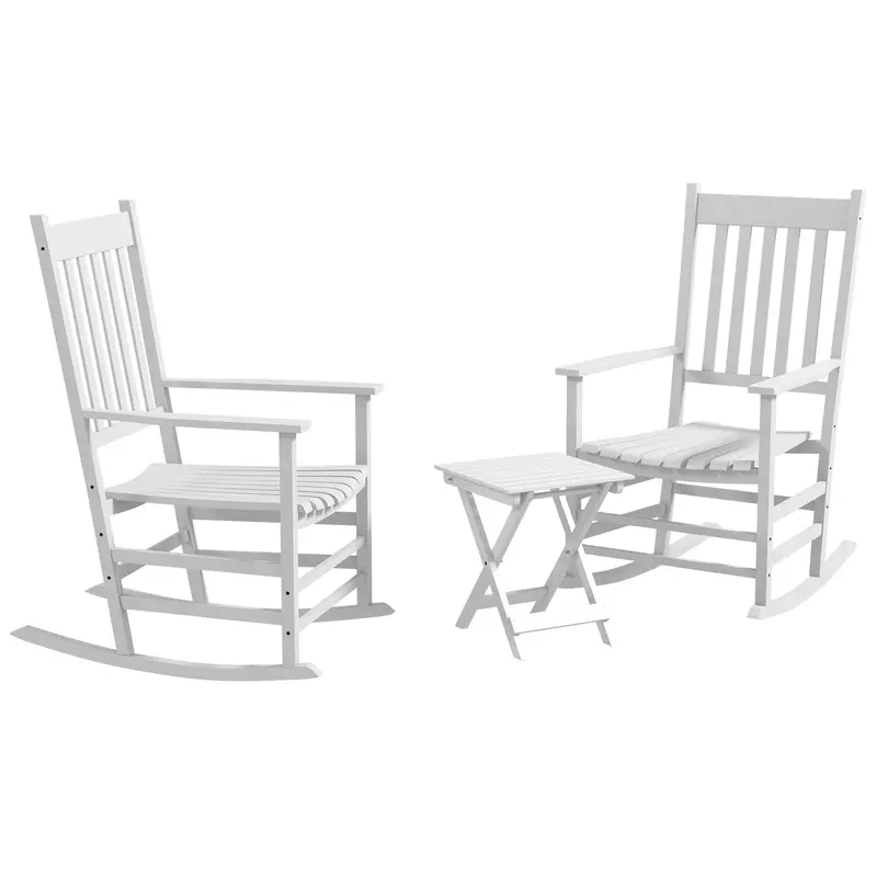 3 Pieces Outdoor Wooden Patio Rocking High Back Chair Set W/ Folding Table, White 2