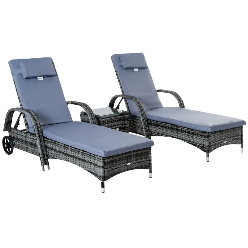 3 Pieces Patio Chaise Lounge Set, Pe Wicker Reclining Set With Wheeled & Side Table, Grey 1