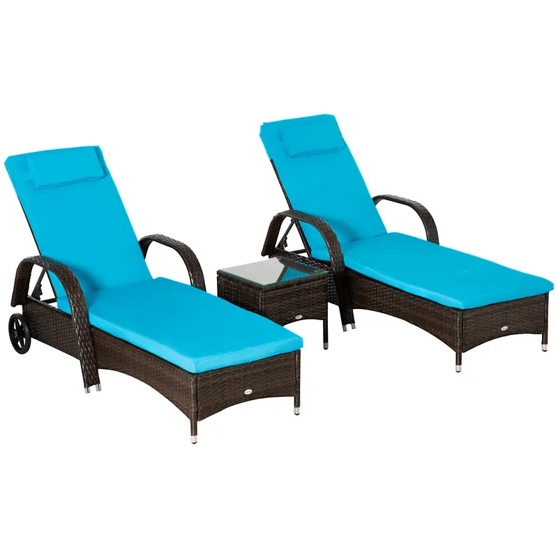3 Pieces Wicker Patio Lounger Set With 5-Level Backrest, Table & Wheels, Blue 1