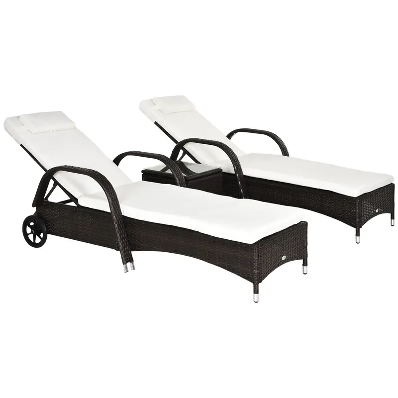3 Pieces Wicker Patio Lounger Set With 5-Level Backrest, Table & Wheels, Cream White 1