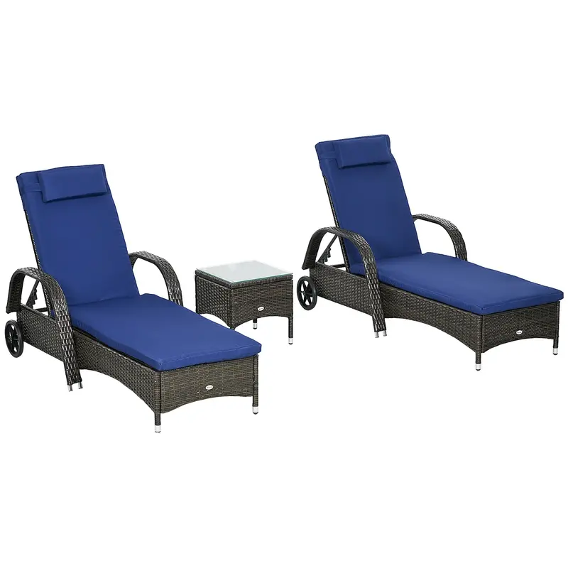 3 Pieces Wicker Patio Lounger Set With 5-Level Backrest, Table & Wheels, Dark Blue 1