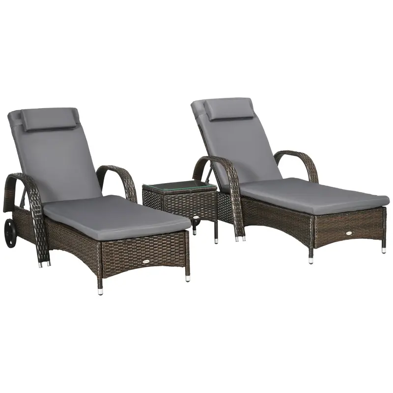 3 Pieces Wicker Patio Lounger Set With 5-Level Backrest, Table & Wheels, Dark Grey 1