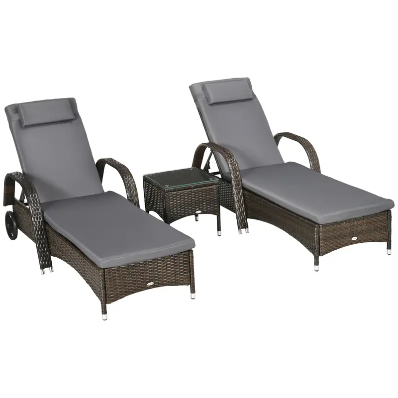 3 Pieces Wicker Patio Lounger Set With 5-Level Backrest, Table & Wheels, Dark Grey 2