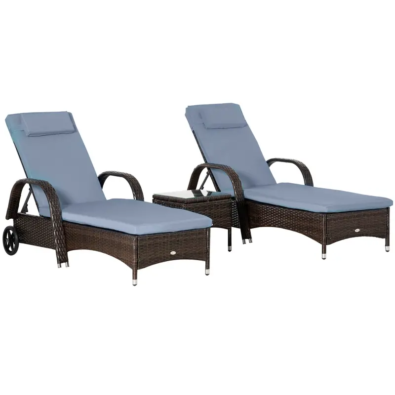 3 Pieces Wicker Patio Lounger Set With 5-Level Backrest, Table & Wheels, Grey 1