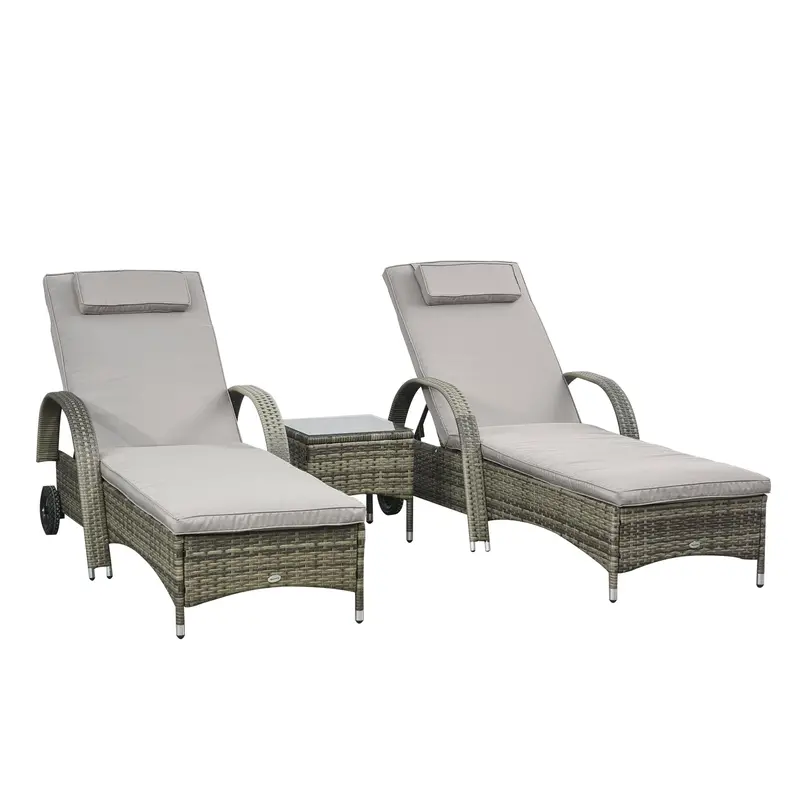 3 Pieces Wicker Patio Lounger Set With 5-Level Backrest, Table & Wheels, Mixed Grey 1