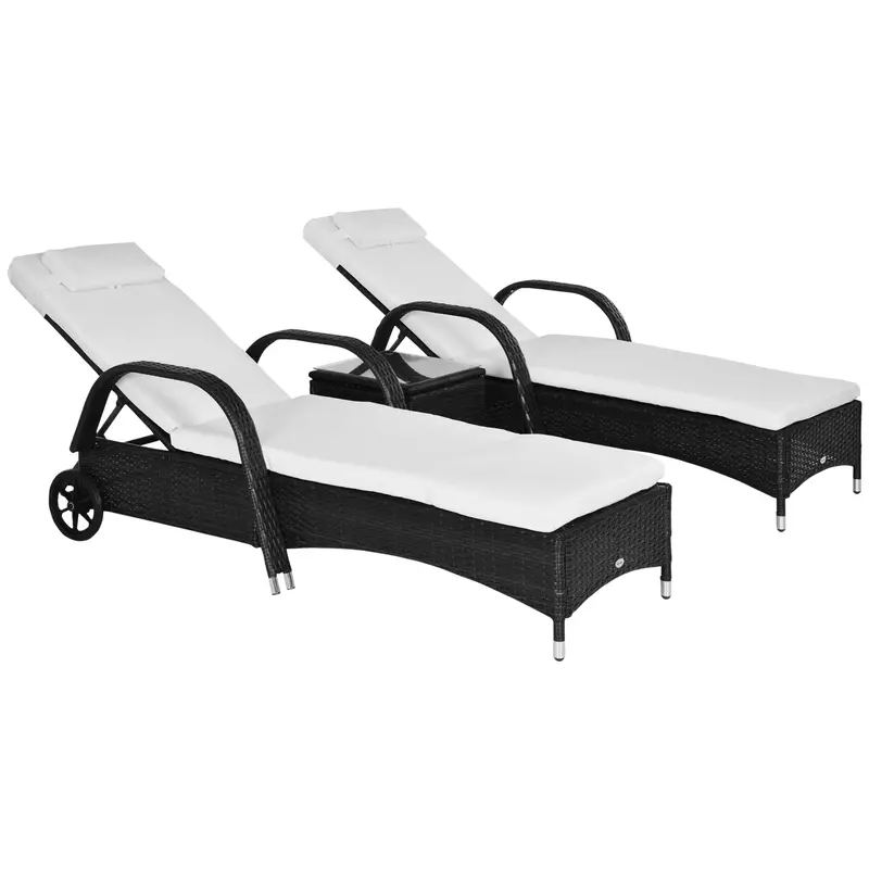 3 Pieces Wicker Patio Lounger Set With 5-Level Backrest, Table & Wheels, White 1
