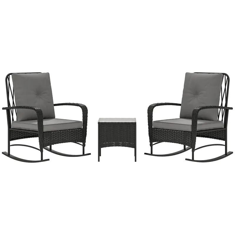 3 Pieces Wicker Rattan Bistro Set, Cushioned Rocking Chairs With Side Table, Grey 1