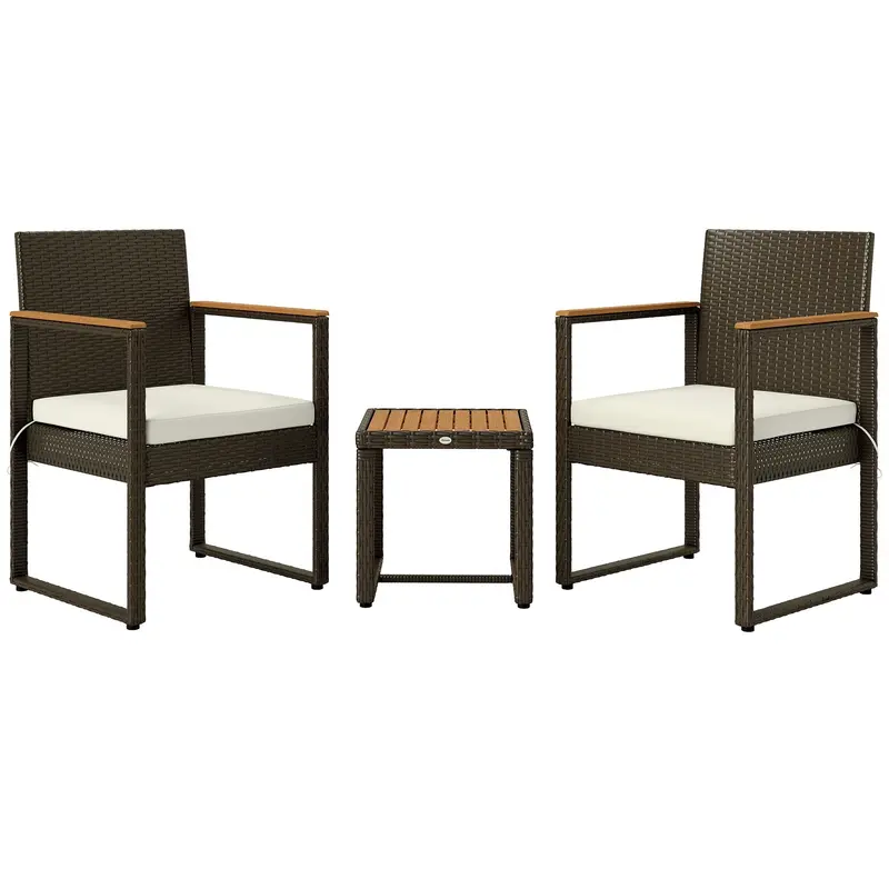 3 Pieces Wicker Rattan Bistro Set W/ Acacia Wood Table & Removable Cushions, White 1