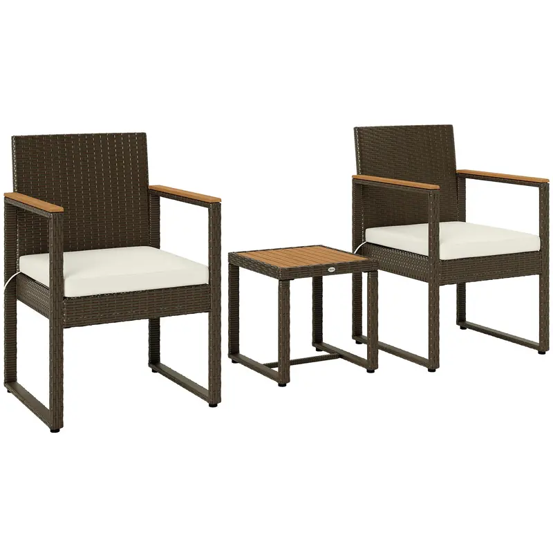 3 Pieces Wicker Rattan Bistro Set W/ Acacia Wood Table & Removable Cushions, White 2