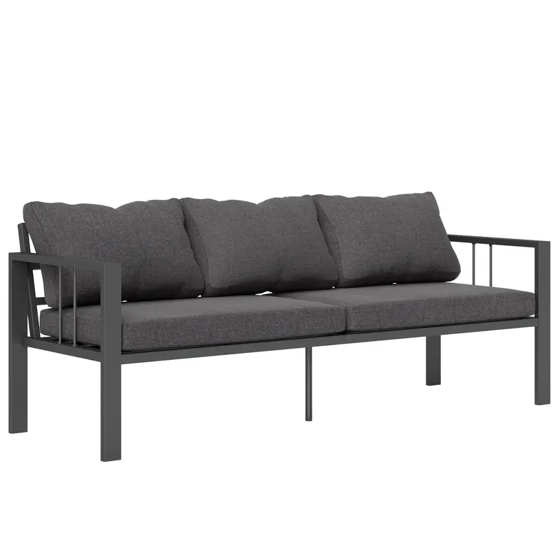 3-Seat Aluminum Outdoor Couch Patio Sofa With Cushions, Wide Seat & Armrests, Dark Grey 1