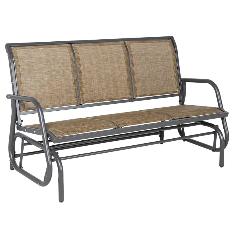 3-Seat Outdoor Patio Rocking Chair W/ Steel Frame & Sling Fabric Seat For Lawn, Brown 1