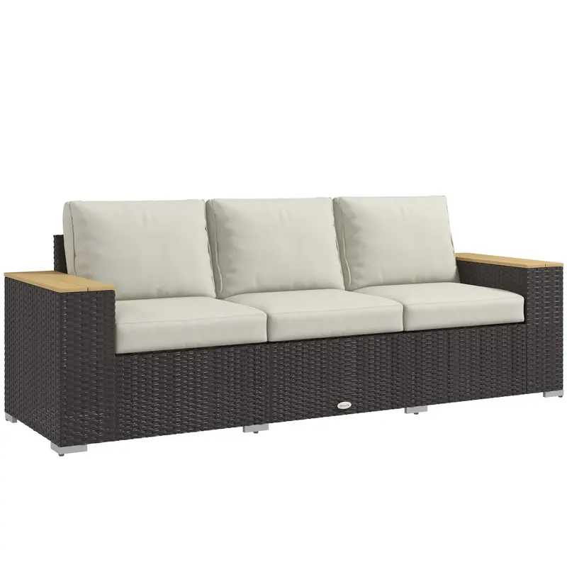 3-Seat Outdoor Pe Rattan Couch With Wood Grain Armrests & Cushion For Porch, Cream White 1