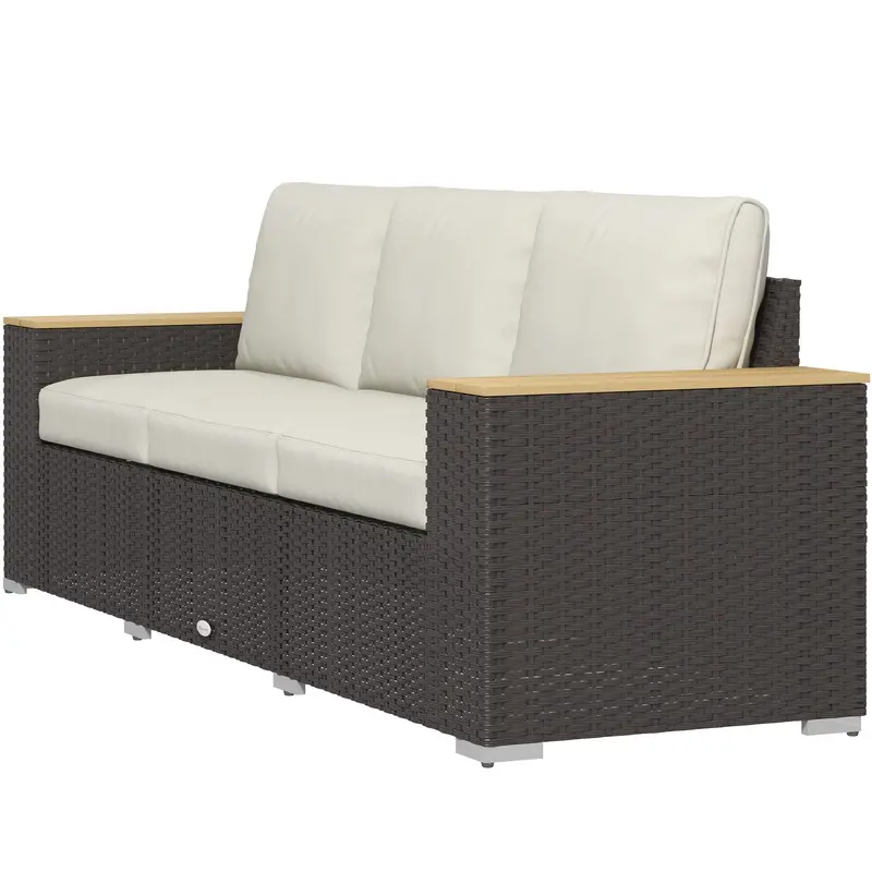 3-Seat Outdoor Pe Rattan Couch With Wood Grain Armrests & Cushion For Porch, Cream White 2