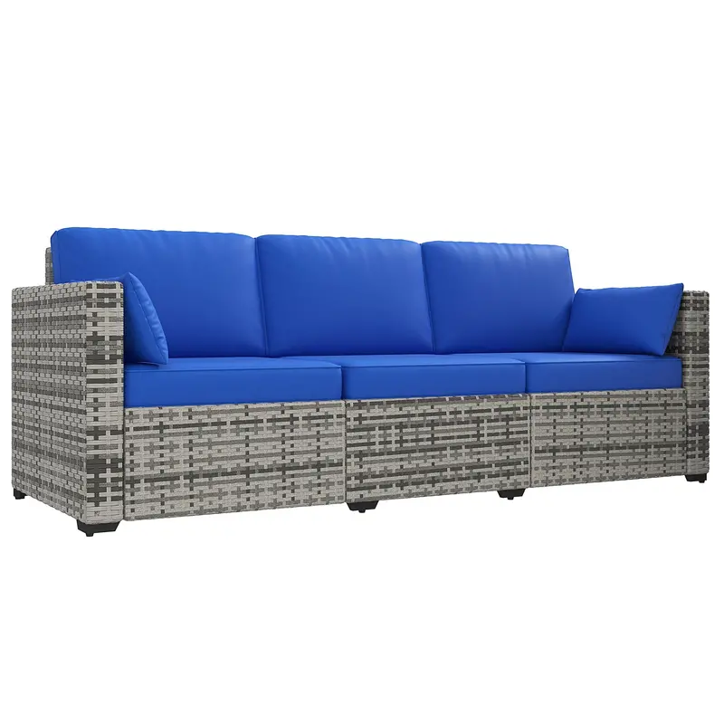 3-Seat Outdoor Sofa With Cushions, Pe Rattan Conversation Couch With Pillows, Blue 1