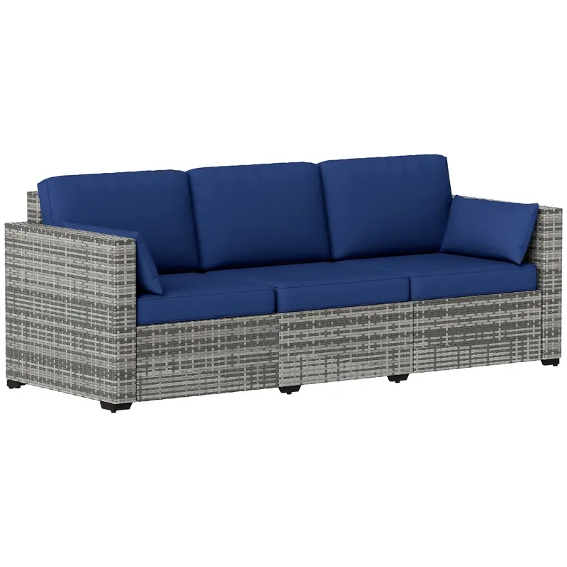 3-Seat Outdoor Sofa With Cushions, Pe Rattan Conversation Couch With Pillows, Dark Blue 1