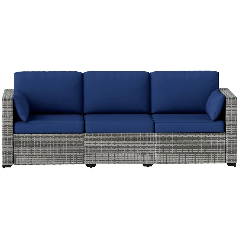 3-Seat Outdoor Sofa With Cushions, Pe Rattan Conversation Couch With Pillows, Dark Blue 2