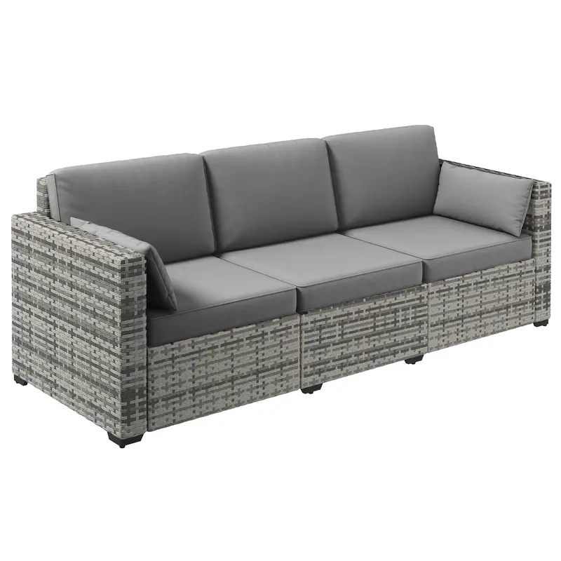 3-Seat Outdoor Sofa With Cushions, Pe Rattan Conversation Couch With Pillows, Grey 1
