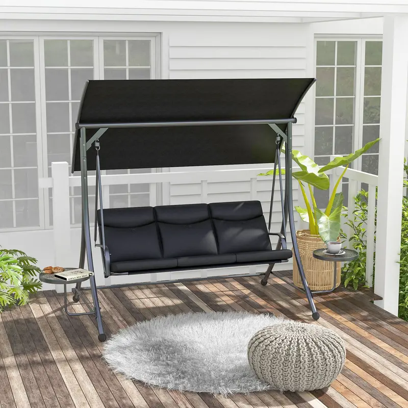 3 Seat Outdoor Swing Chair,  Steel Swing Bench With Adjustable Canopy & Cusions, Black 1