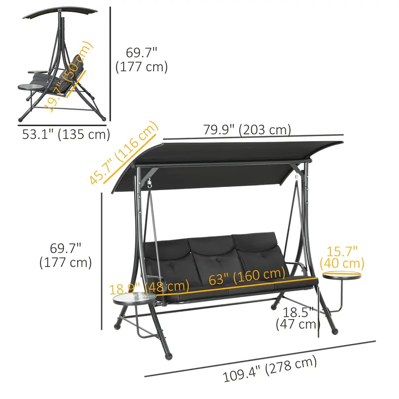 3 Seat Outdoor Swing Chair, Steel Swing Bench With Adjustable Canopy & Cusions, Black 2