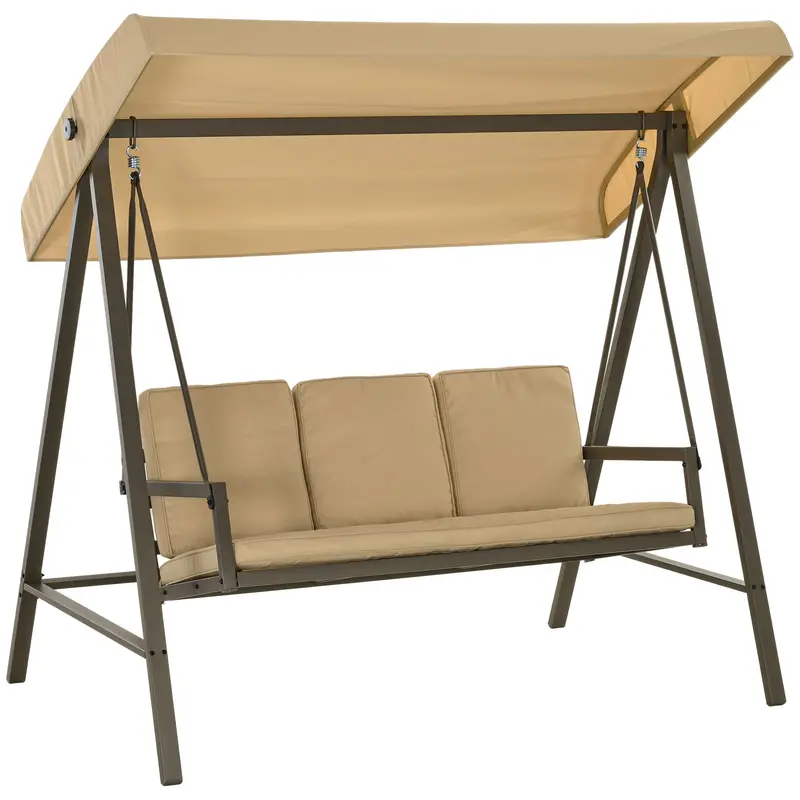 3-Seat Patio Swing Chair With Adjustable Canopy And Removable Cushions For Porch, Beige 1