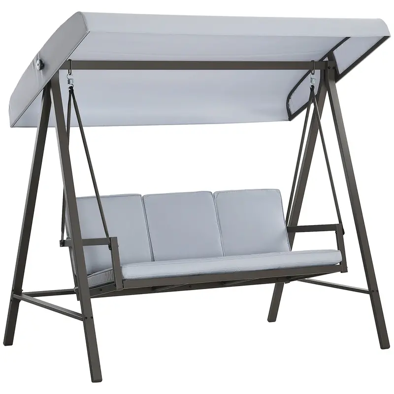 3-Seat Patio Swing Chair With Adjustable Canopy And Removable Cushions For Porch, Light Grey 1