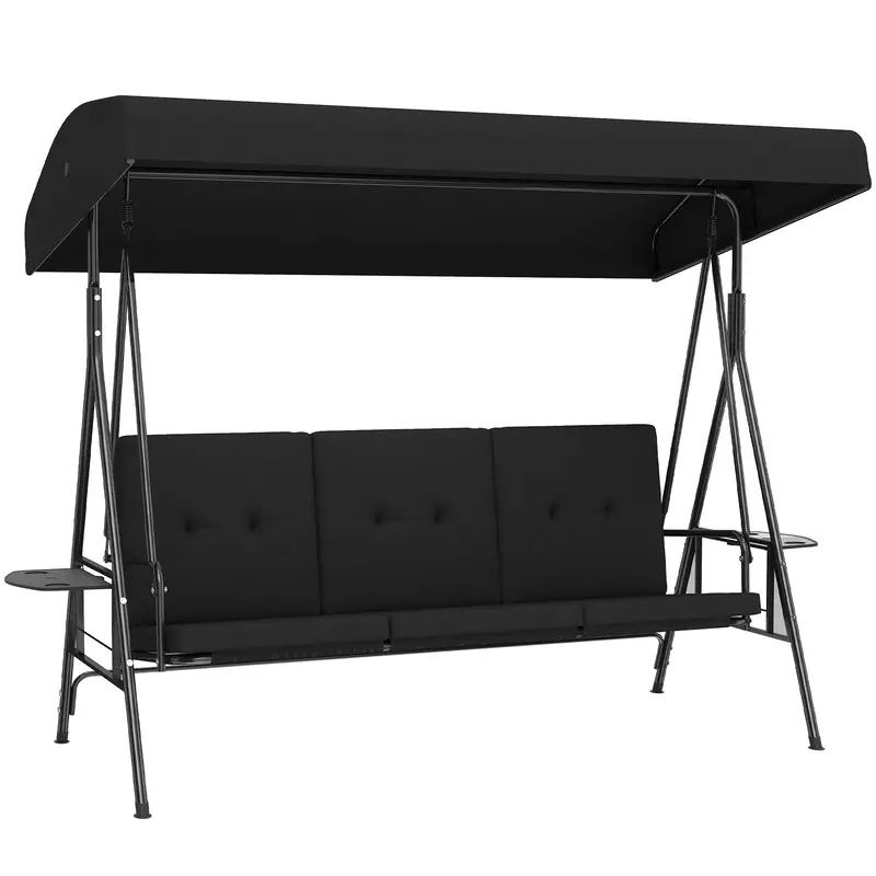 3-Seat Patio Swing Chair With Adjustable Canopy And Side Tray, Black 1