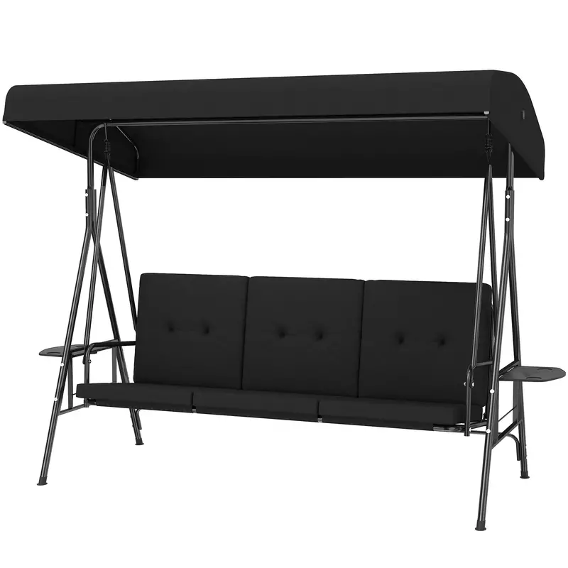 3-Seat Patio Swing Chair With Adjustable Canopy And Side Tray, Black 2