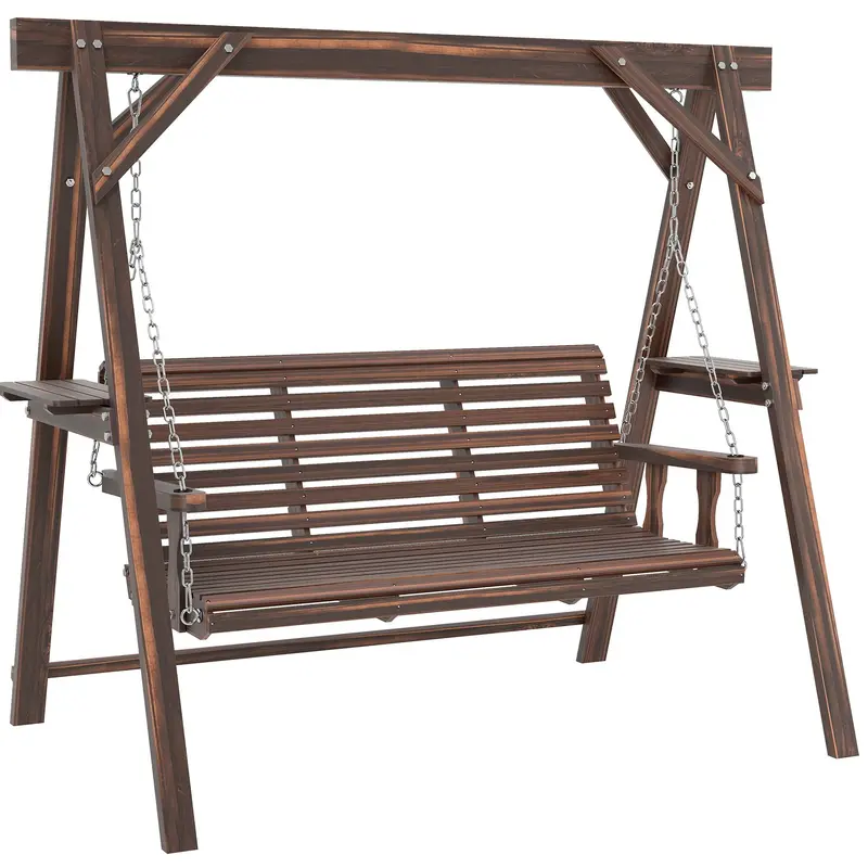 3 Seat Porch Swing With Stand And Side Tables, Carbonized Brown 1