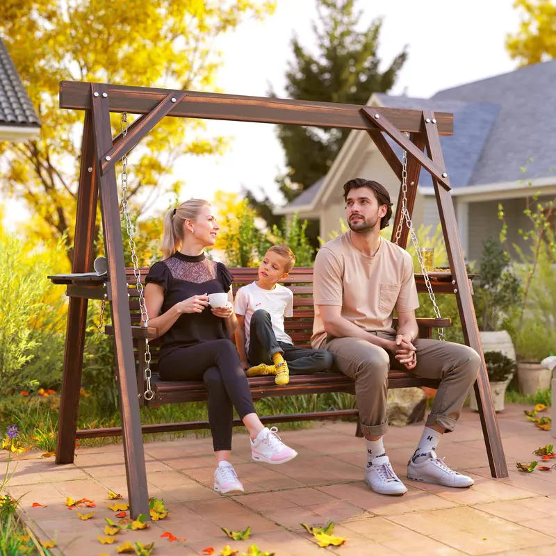 3 Seat Porch Swing With Stand And Side Tables, Carbonized Brown 2