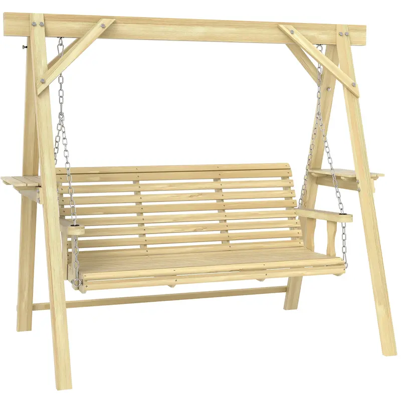 3 Seat Porch Swing With Stand And Side Tables, Natural Wood 1