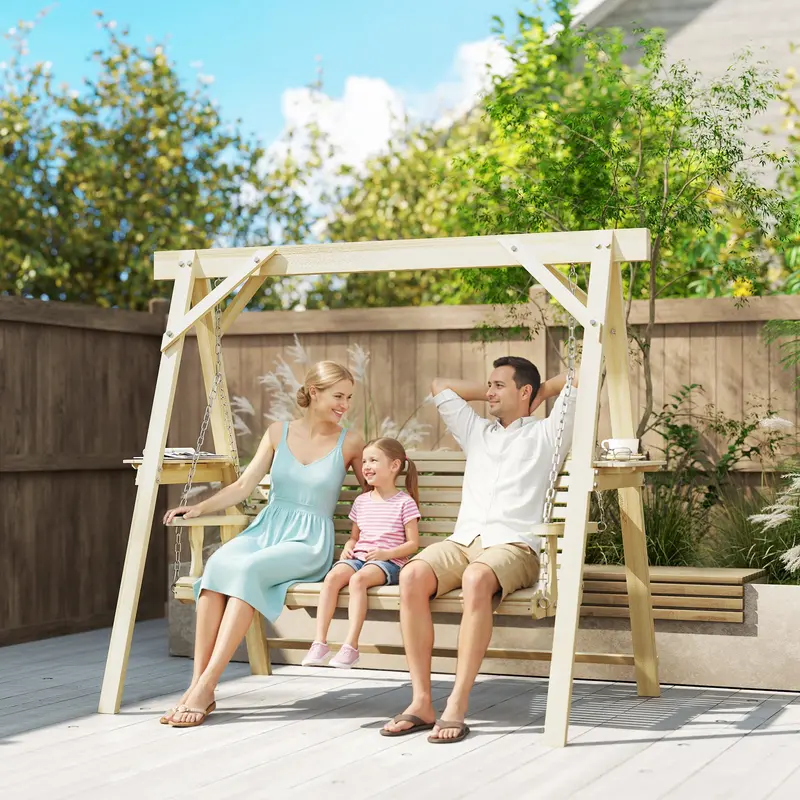 3 Seat Porch Swing With Stand And Side Tables, Natural Wood 2