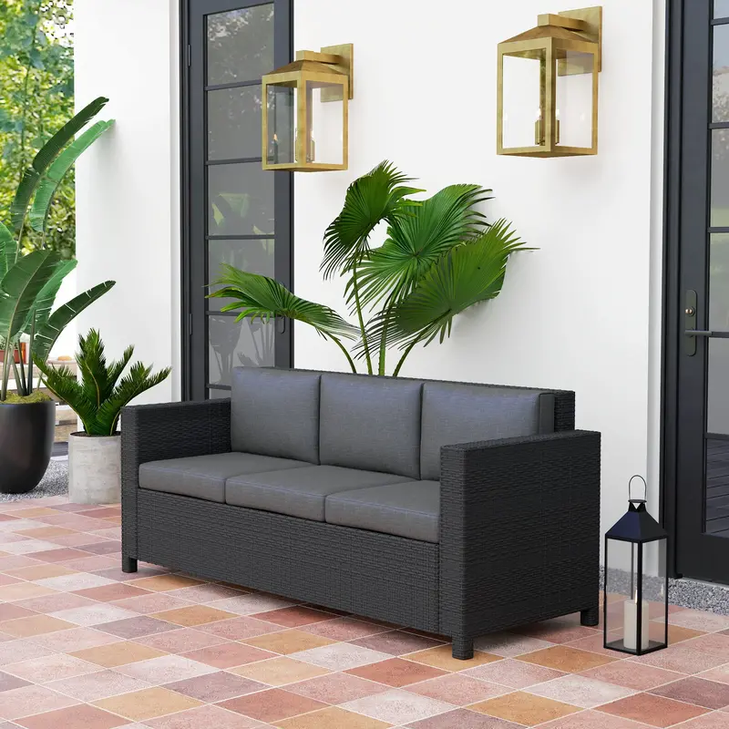 3-Seat Rattan Wicker Sofa, Garden Outdoor Patio Furniture With Cushions, Grey 2