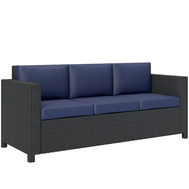 3-Seat Rattan Wicker Sofa, Garden Outdoor Patio Furniture With Cushions, Navy Blue 1