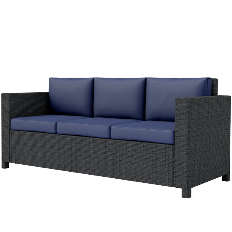 3-Seat Rattan Wicker Sofa, Garden Outdoor Patio Furniture With Cushions, Navy Blue 2