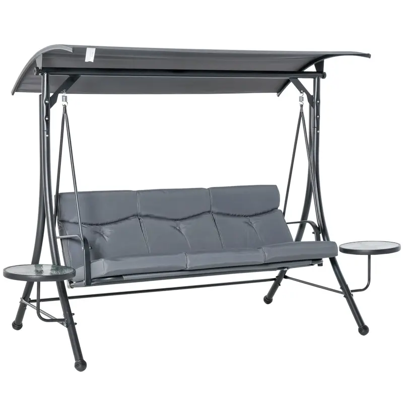 3 Seat Swing Bench Chair W/ Adjustable Canopy & Cushion For Patio Garden, Dark Grey 1
