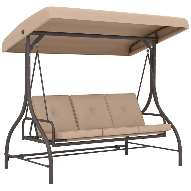 3 Seater Convertible Patio Swing Bed With Canopy And Cushions For Outdoor, Backyard, Khaki 1